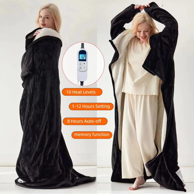 [Black Friday] Cosybay Wearable Electric Heated Blanket with Sleeves & Foot Pockets 50X70 Inch Flannel Sherpa Blanket for Adults Heated Blanket with 1-12 Hours Auto-Off & 10 Heat Settings Electric Heating for Bedroom Home,Christmas Gift